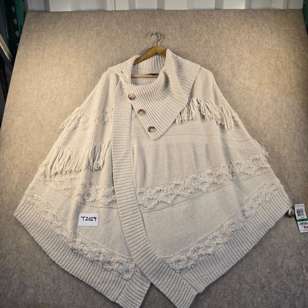 NWT INC International Concepts Buttercream Knit Fringe Poncho Wrap L/XL